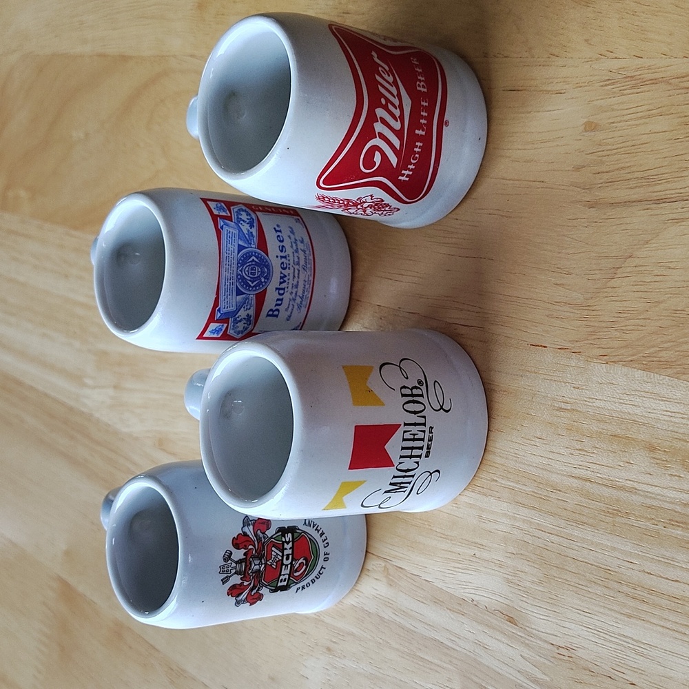 🍺 Beer Mugs Mini Steins.Shot Glasses Lot of 4. Budweiser Miller Becks Michelob.